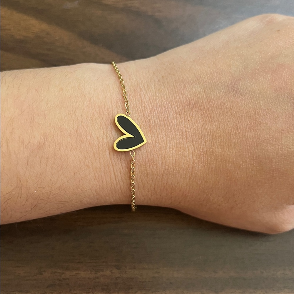 Gold plated stainless steel black heart bracelet